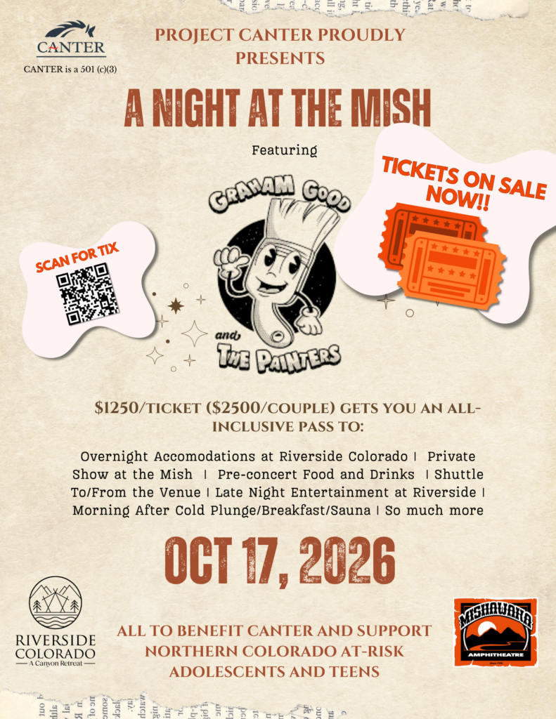 Night at the Mish flier: private concert at Mishawaka Amphitheatre, October 17, 2026, benefiting Project CANTER